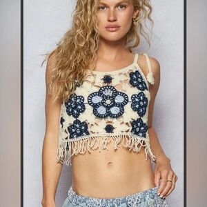 POL Cream and Blue Crochet Tank Top